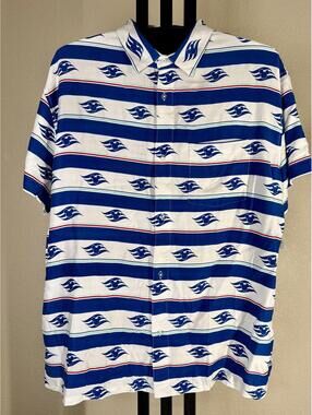 Disney Cruise Line Mickey Wave Camp Shirt Blue White Striped NWT XL